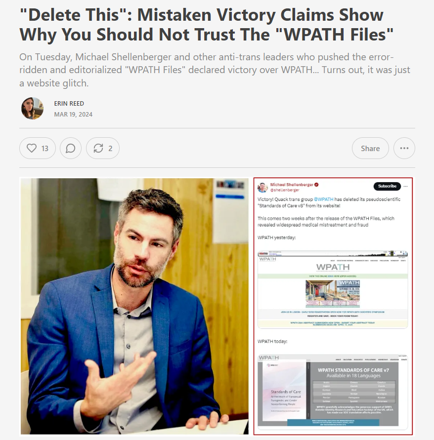 ErinInTheMorn's tweet image. 1. Fact checking? Who needs it. Today, the authors of the anti-trans, error-ridden "WPATH Files" declared "Victory" after WPATH no longer listed Marci Bowers or the Standards of Care 8.

Turns out, it was just a website rollback after a tech glitch.

Subscribe to support my work.