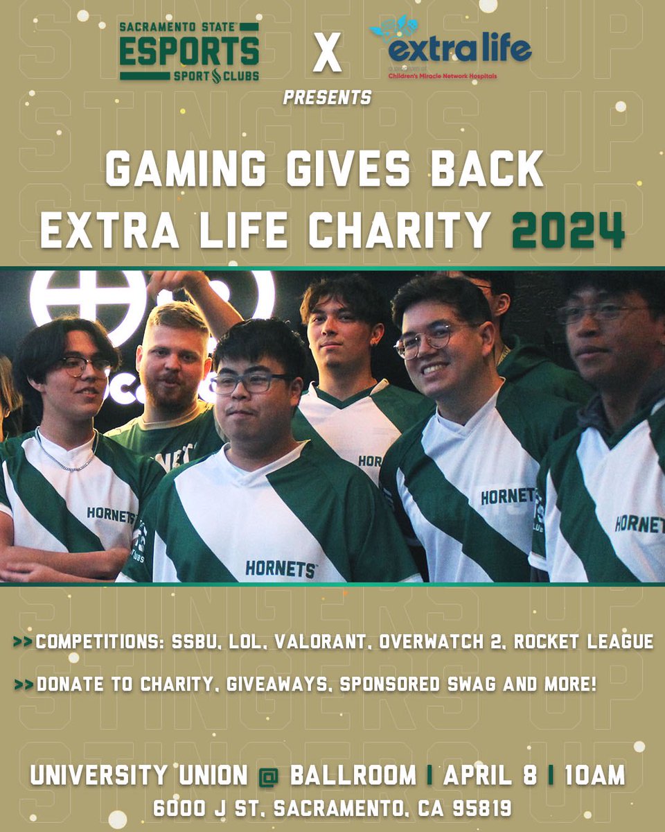 We’re proud to announce the Esports Club’s 1st ever on campus event! In collaboration with UC Davis Children’s Hospital, we’ll be hosting our Extra Life charity event. Join us April 8th at the University Union located at the Sacramento State University Union. See you there!