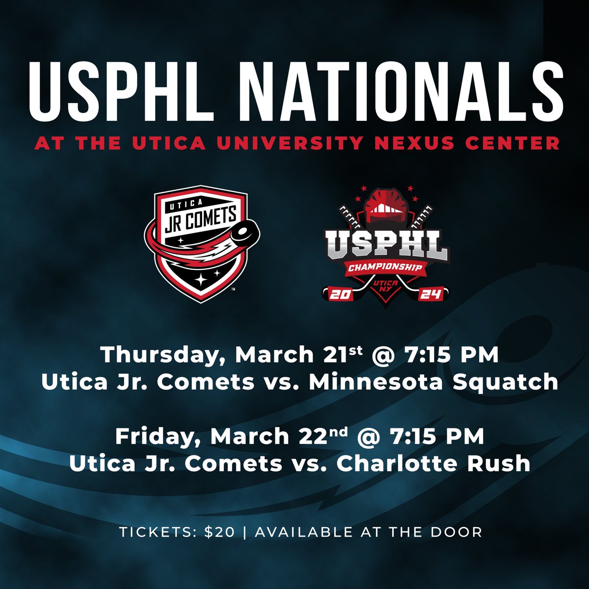 WE'RE ON HOME TURF FOR <a href="/USPHL/">USPHL</a> NATIONALS 🔥

The Jr. Comets will take on <a href="/mnsquatchhockey/">mnsquatchhockey</a> (3/21) and <a href="/RushHockeyClub/">Charlotte Rush</a> (3/22) this week at <a href="/UticaNexus/">Utica University Nexus Center</a>!

Tickets are $20 and will be available at the door 🎟️