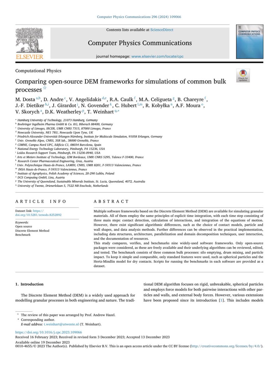 Check out our benchmark study comparing 9 open-source DEM codes! 👨‍💻 It was awesome working with other devs towards more transparent DEM simulations! <a href="/YadeDEM/">Yet Another Dynamic Engine</a> <a href="/MercuryDPM/">MercuryDPM</a> #GranOO #MUSEN <a href="/KratosMultiPhys/">Kratos Multiphysics</a> #MFiX #BlazeDEM #LIGGGHTS #ESySparticle