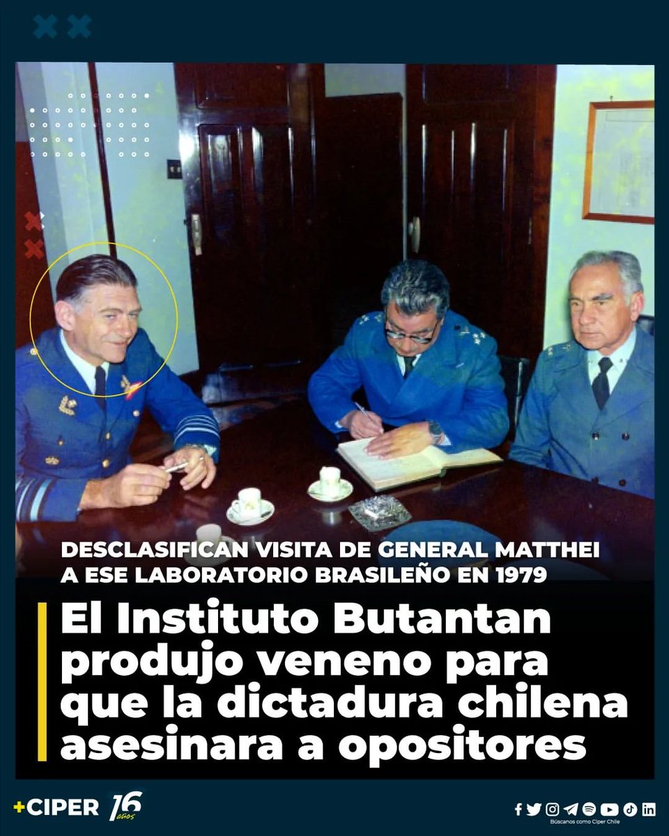 2epinforma's tweet image. [HILO]Vía: Ciper
#50AñosDelGolpe
Desclasificacion de &quot;Documentos Secretos de la Dictadura&quot; y evidencias fotográficas, comprometen al Ex Comandante en Jefe de la FACH y Miembro de la Junta Militar durante la Dictadura, General Fernando Matthei, en uso &quot;siniestro de  veneno&quot;