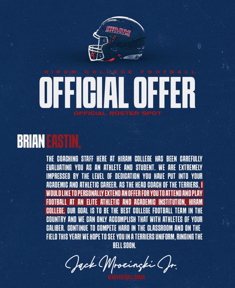 After a great conversation with <a href="/Hiram_Football/">Hiram College Football</a> <a href="/brock_mancini/">brock_mancini</a> <a href="/Coach_Mro/">Coach Mro</a> I am blessed to receive another offer/ <a href="/GlendaleFootbal/">Glendale Football</a> @CoachYorkGH <a href="/bruney_niko/">Coach Niko Bruney</a> <a href="/CoachTomBruney/">Tom Bruney</a>