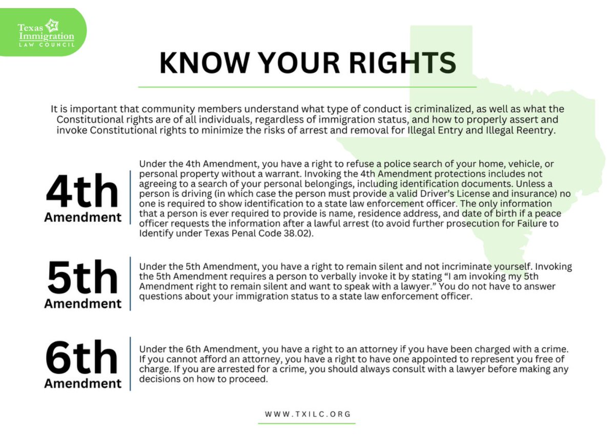 The Supreme Court has allowed #SB4 to temporarily be enforced in Texas. 

🗣️ KNOW YOUR RIGHTS
Remember the 4th, 5th, and 6th Amendments:

4️⃣th Amend: Refuse a search and refuse to identify yourself unless you are the driver.
5️⃣th Amend: Stay silent.
6️⃣th Amend: Ask for an