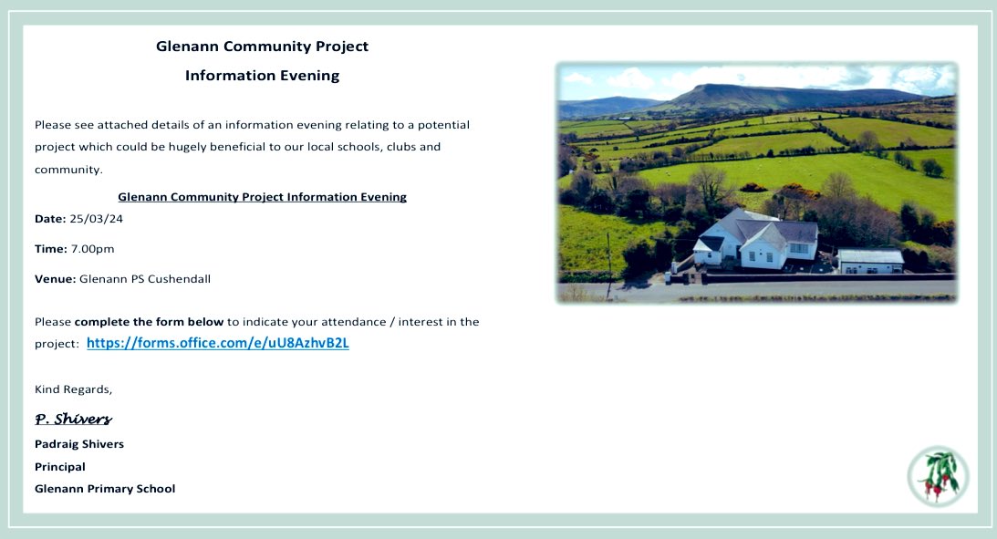 💭 Glenann Community Project💡 Are you interested in a potential new project which may benefit people in the Glens? If so, come along next Monday night to hear & share ideas with us! ℹ️ Information Evening 📍Glenann Primary School 🗓️ 25/03 ⏰ 7.00pm forms.office.com/e/uU8AzhvB2L