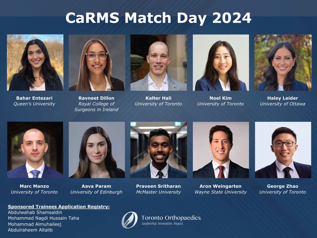 I'm ecstatic to welcome these outstanding young surgeons to our Toronto Orthopaedic family! Looking forward to your achievements and successes in the years ahead. Congratulations on your success on #MatchDay! @uoftmedicine @UofTSurgery