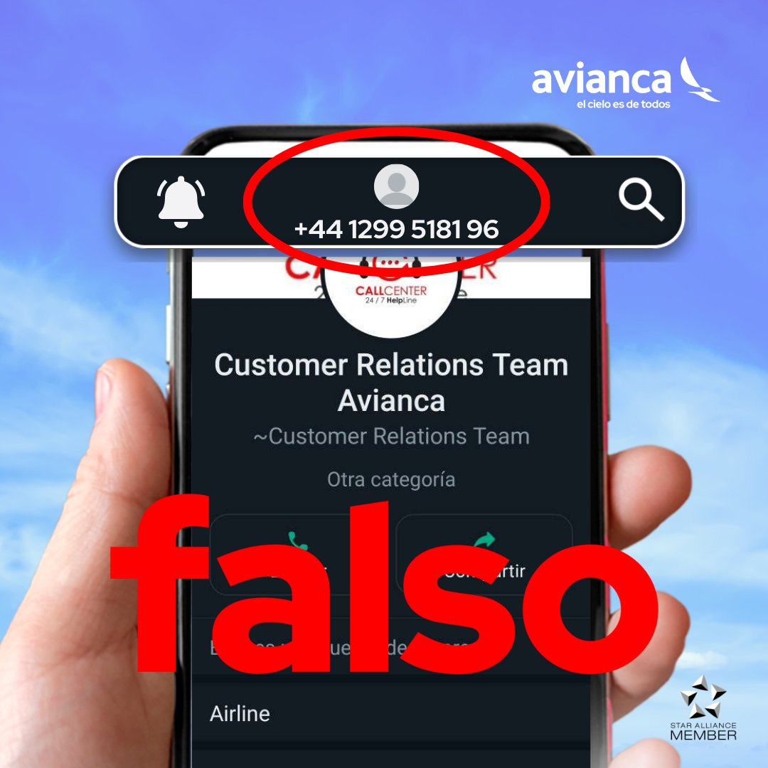 aviancasam's tweet photo. #FALSO! 🚨 No te dejes engañar por mensajes fraudulentos que suplantan la imagen de la compañía vía WhatsApp, desde números telefónicos no oficiales de avianca, para estafar a nuestros pasajeros. ⚠️ Nos comunicamos únicamente a través de los canales oficiales y correos corporativos: https://t.co/VfFnFeg7Fp. Recuerda siempre confirmar la información oficial en nuestro sitio web: https://t.co/yEAJIbrxK7. ✔️#ProtegeTusDatos