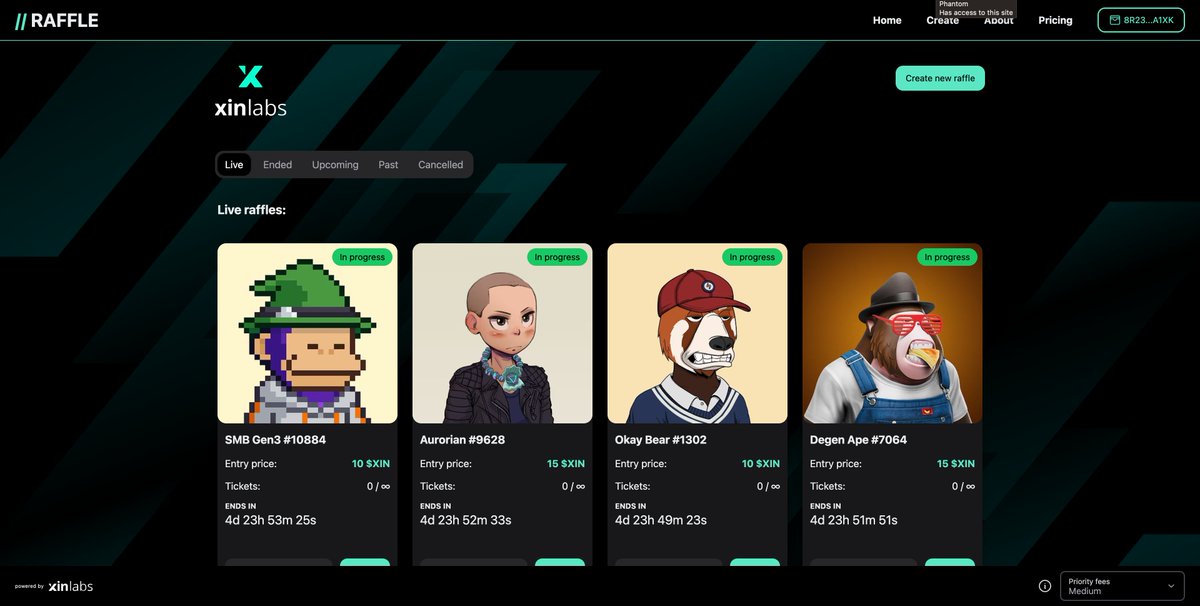 I made a thing

raffle.xinlabs.io

Brand-able, decentralised, provably fair on-chain raffles for your project, coin, DAO, etc

Enter with SOL, tokens, even NFTs - which can be optionally burned on entry

Gate raffles to holders of a specific NFT collection for no extra cost