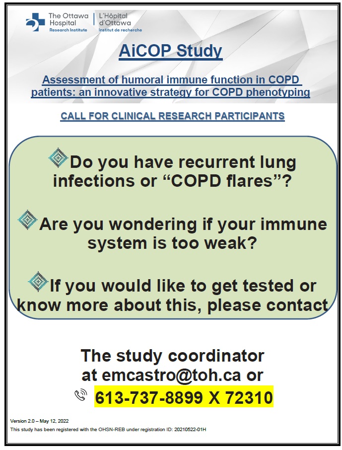 Researchers at #TheOttawaHospital are seeking participants for a study on immune function in patients with #COPD. Interested? Reach out to the study coordinator at the number provided!