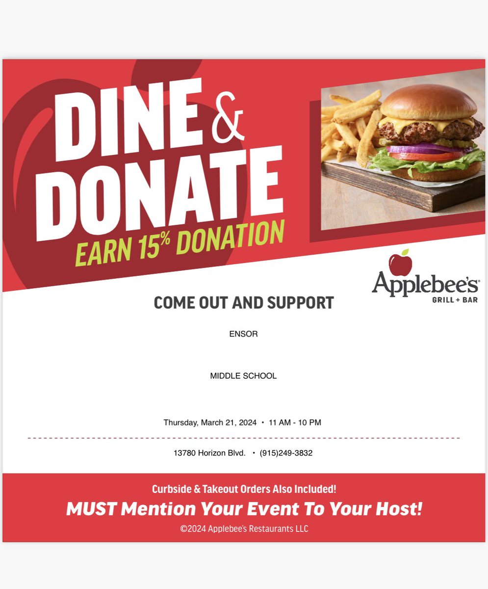 Applebee's Night this Thursday 03/21/24. Please come out & support Ensor MS. Must mention Ensor at time of purchase to credit our campus. 🩷Please share to spread the word!