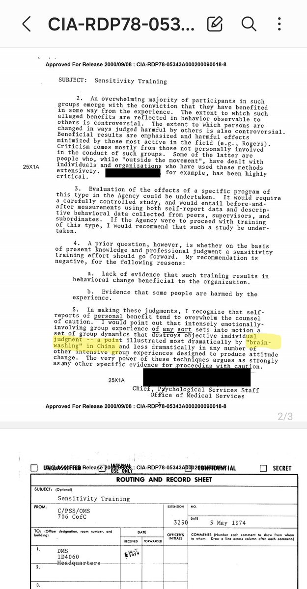 Wherein a declassified CIA document from 1974 likens the tools of 'sensitivity training,' upon which many of our Social-Emotional Learning methods in schools derive, to brainwashing in the PRChina, indicating that they're dangerous and shouldn't be used. cia.gov/readingroom/do…