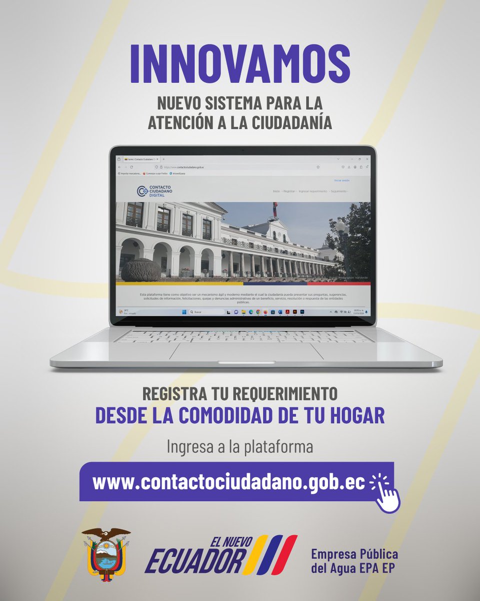 EmpresaaguaEc's tweet photo. #EPAInforma | La Empresa Pública del Agua se integró a la plataforma Contacto Ciudadano, donde la ciudadanía puede realizar preguntas, sugerencias y/o solicitudes; para más información ingresa al link: https://t.co/izlQM46EuY https://t.co/FZY7nbU8Aw