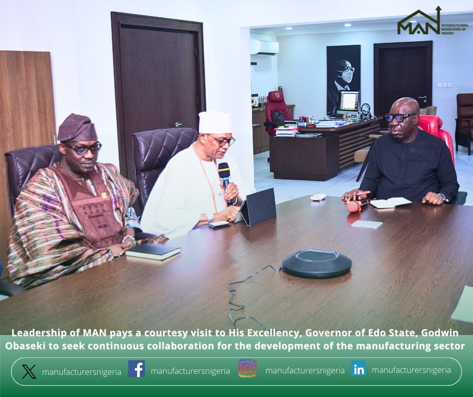 Exciting news! MAN's Edo/Delta branch hosts the 319th National Council Meeting, strengthening ties with industrial zones. Ahead of the meeting, MAN leadership met with @GovernorObaseki to express gratitude and discuss future collaborations. #DrivingManufacturingGrowth #MANinEdo