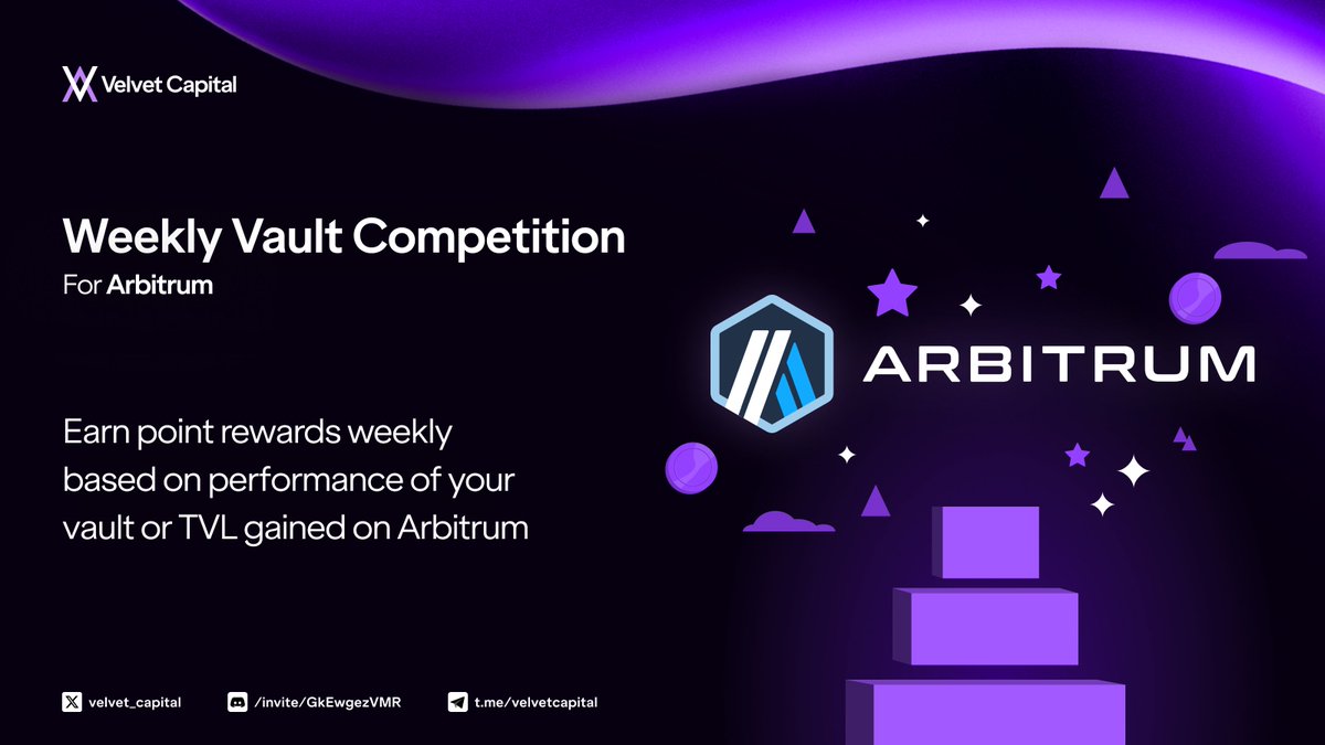 Velvet_Capital's tweet photo. Boost your Velvet Capital points🚀

Velvet Capital is starting a weekly vault competition on Arbitrum, where you can compete for your share of 3,000+ Points each week

Anyone can create a vault in minutes and compete for the Top-10 by TVL Growth or Performance

🧵on how to qualify and earn your share of the weekly reward pool