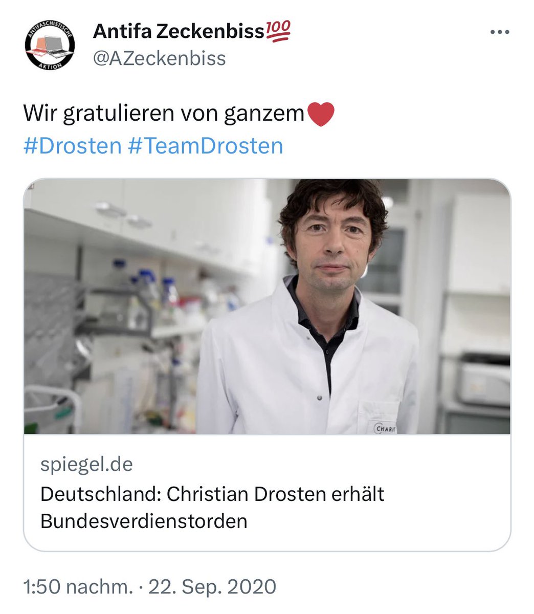 @SHomburg Wenn der Faschismus wiederkehrt, wird er nicht sagen: Ich bin der Faschismus. Nein, er wird sagen: Ich bin #TeamDrosten.