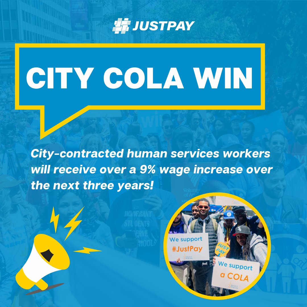 After years of #JustPay advocacy, City-contracted human services workers will receive over 9% wage increases over the next 3 years. Thank you, @NYCMayor @SheenaWrightNYC @AnaJAlmanzar @AWilliamsIsom @NYCSpeakerAdams @JustinBrannan @althea4theBX, for standing with our workforce.