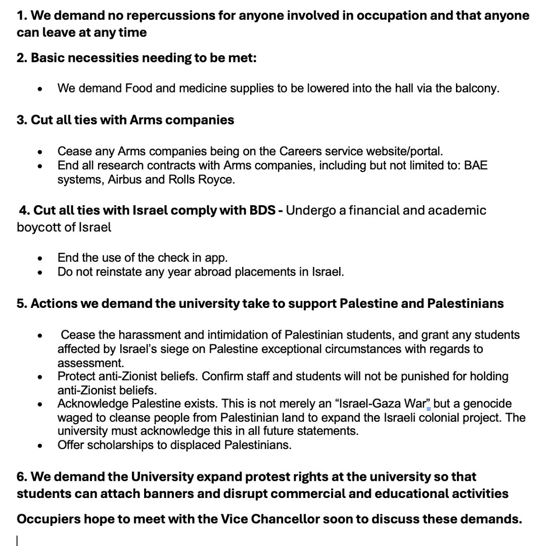 We have just received news that the Great Hall in the Wills Memorial Building is occupied!! Bristol University has so far ignored demands to end complicity in the genocide of Palestinians and SAB stands in solidarity with the occupiers. Free Palestine!!!