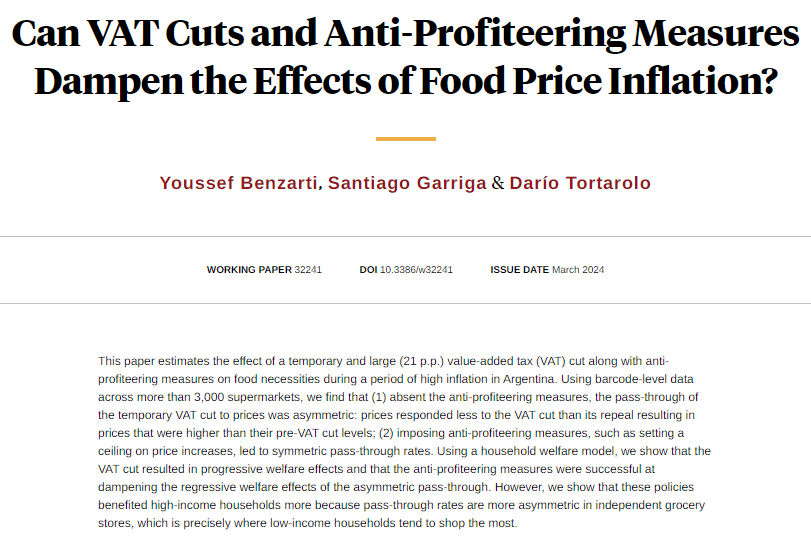 A temporary 21 percentage point value-added tax cut and anti-profiteering measures on food necessities during a period of high inflation in Argentina resulted in progressive welfare effects, from Youssef Benzarti, <a href="/garrigasantiago/">Santiago Garriga</a>, and <a href="/dtortarolo/">Dario Tortarolo</a> nber.org/papers/w32241