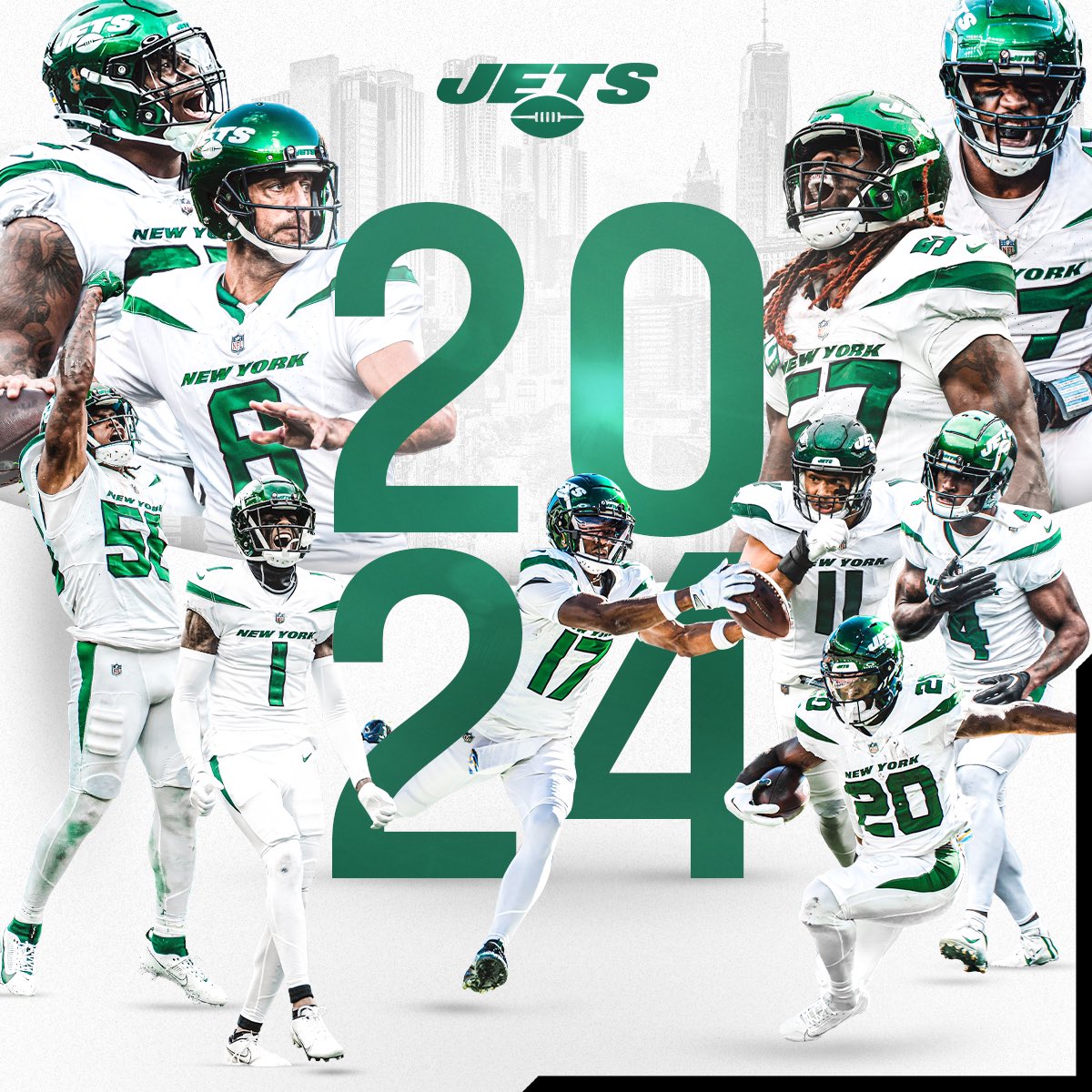 Projected 2024 #Jets:

QB: Aaron Rodgers
RB: Breece Hall
WR: Garrett Wilson
WR: Mike Williams
WR: Allen Lazard
TE: Tyler Conklin
LT: Tyron Smith
LG: John Simpson
C: Joe Tippmann
RG: Alijah Vera-Tucker
RT: Morgan Moses

DL: Jermaine Johnson
DL: Quinnen Williams
DL: Javon Kinlaw