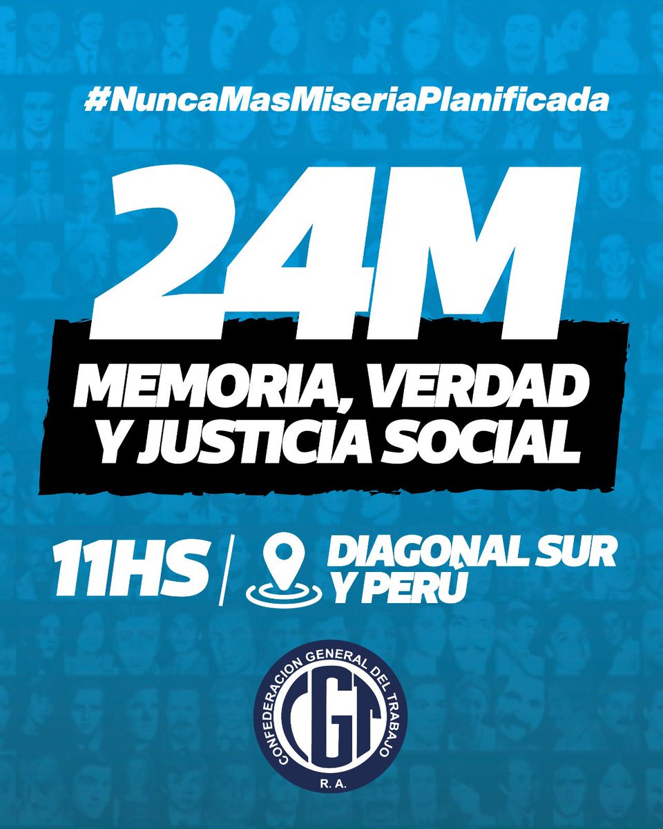 MEMORIA,VERDAD Y JUSTICIA SOCIAL 

🗓️ 24 de Marzo

⏰ 11 hs

📌 Diagonal Sur y Perú