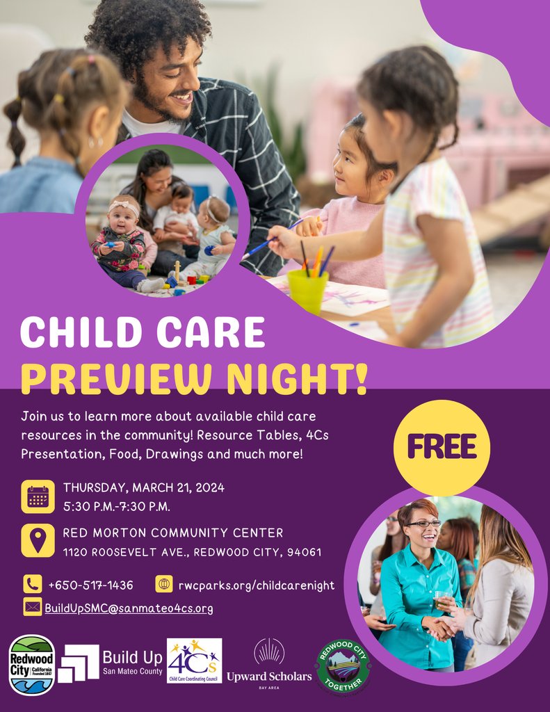 Join Build Up at the Redwood City Child Care Preview Night on March 21st🌟 

Discover invaluable resources, delicious food, and exciting giveaways! Don't miss this chance to connect with the community and explore child care options together. Don’t meet us there, beat us there!