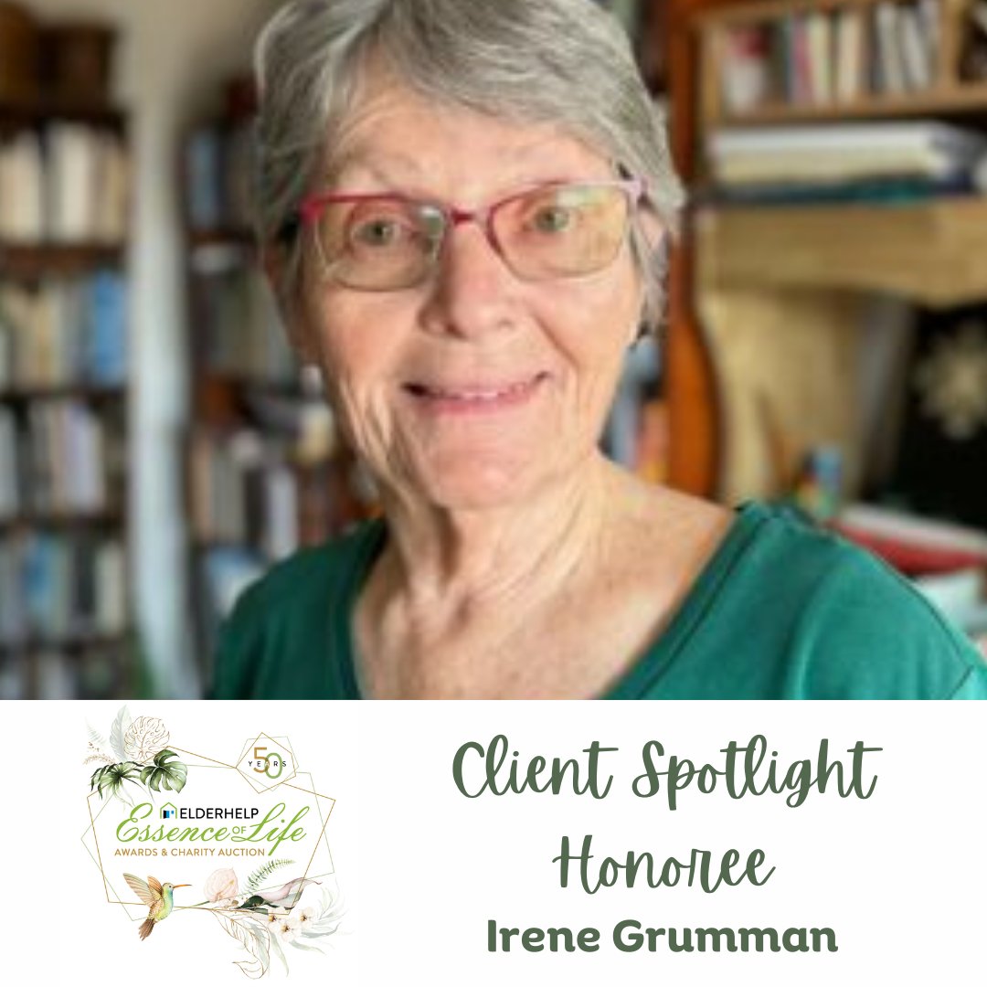 For over 14 years, Irene has been a cherished client. As an active octogenarian, she leads writing classes, enjoys oil painting, and walks with her volunteer match, Riley. Come hear her story at Essence of Life Awards 2024. Join us: bit.ly/EOL24