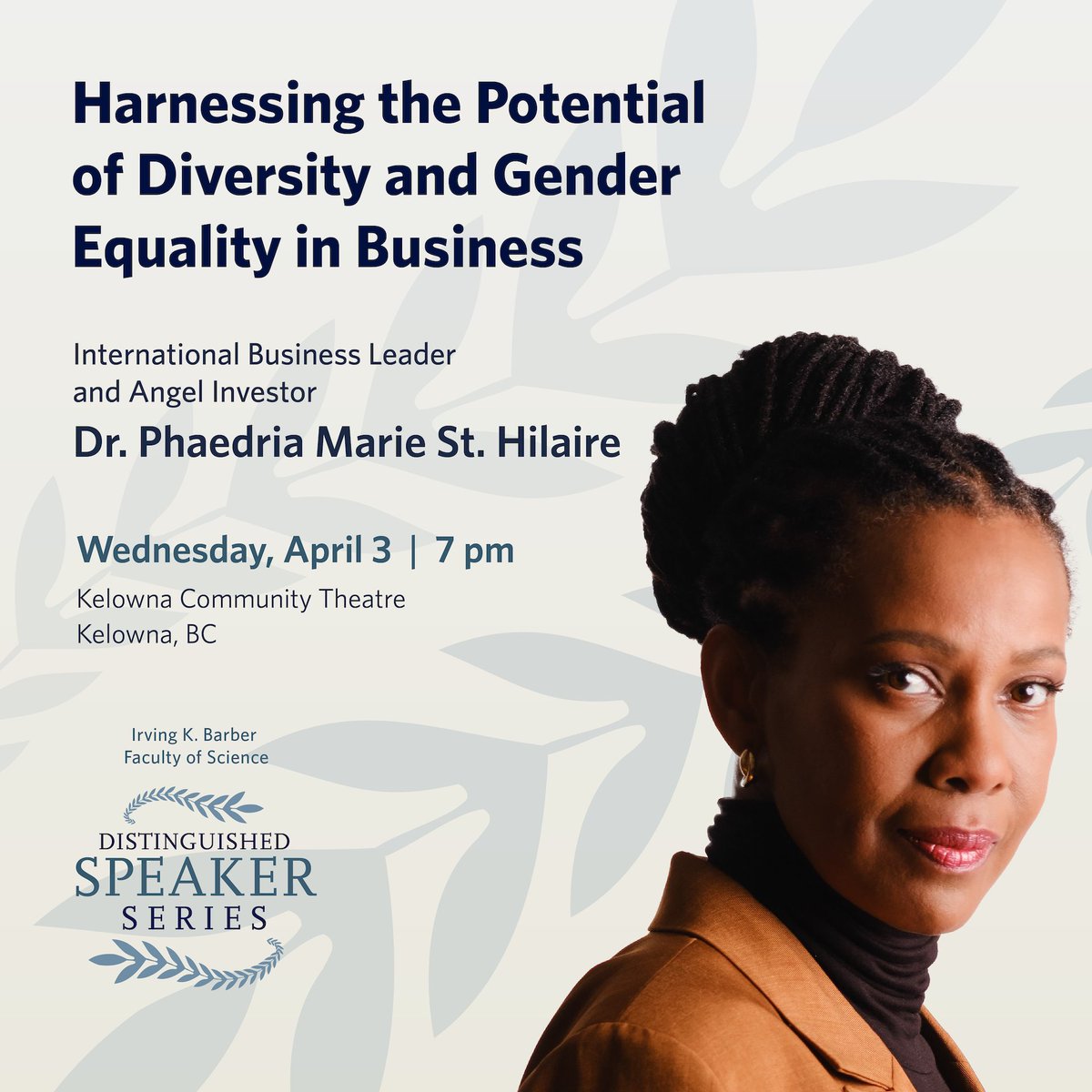 @fos_ubco For the second evening, International Business Leader and Angel Investor Dr. Phaedria Marie St. Hilaire will talk about harnessing the potential of diversity and gender equality in business. Tickets available now: bit.ly/4coF5QI