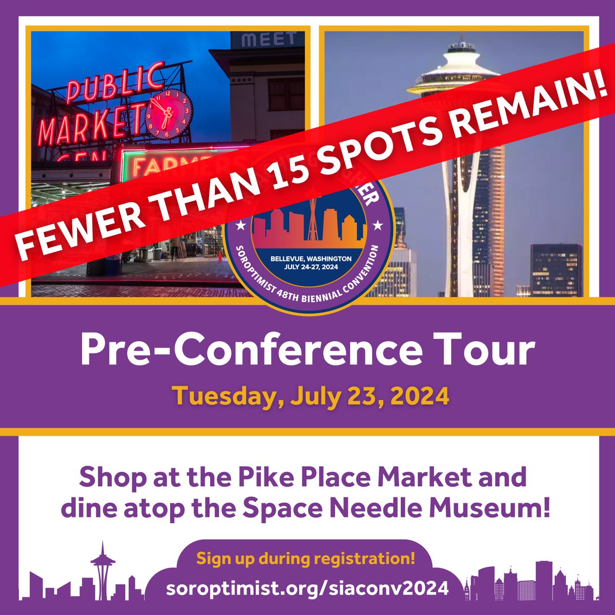 🚨Fewer than 15 spots remain! Book your pre-conference tour along with registration! Enjoy a day at the historical Pike Place Market and then dine atop the Space Needle Museum as a VIP 🍾 Register now: soroptimist.org/siaconv2024