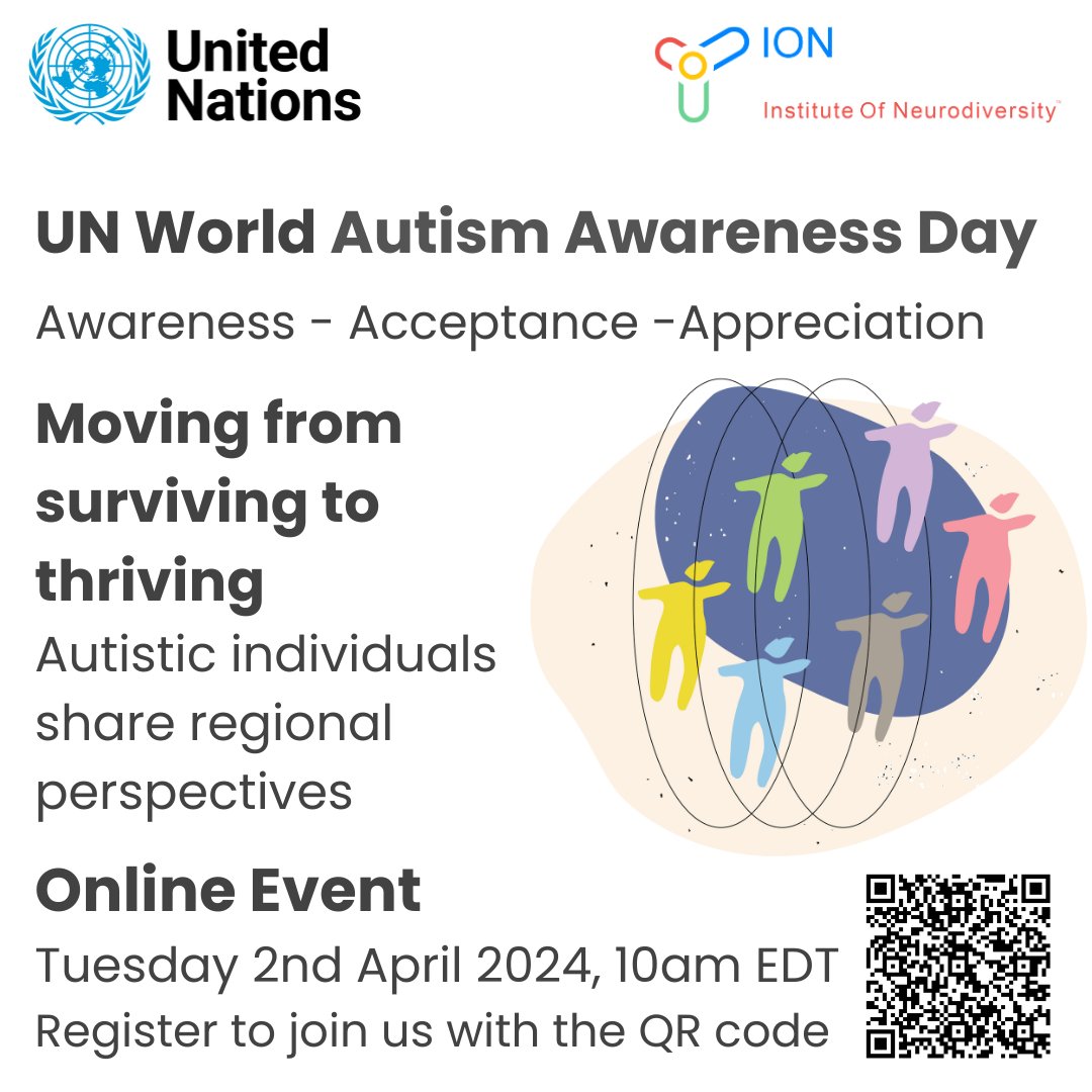 ION_Diversity's tweet photo. The 2nd of April 2024 marks the day where #autistic individuals stand together to change the world, bringing awareness, acceptance and appreciation of neurominorities! Join our changemakers as they share regional perspectives at the UN WAAD broadcast at 10am - 1pm EDT. #WAAD24 https://t.co/sEXncwt1Fn