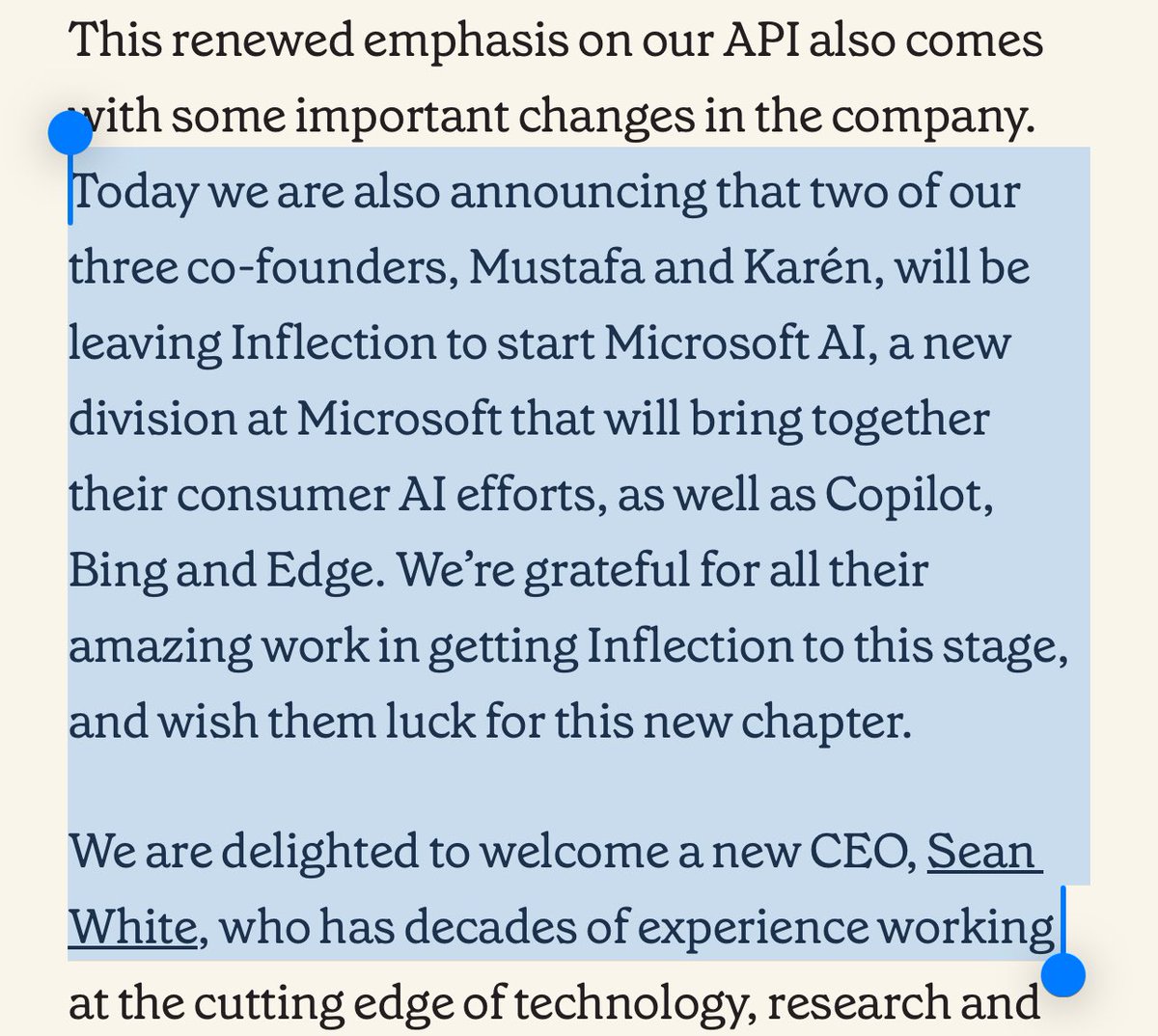 Inflection Deal > too much capital and talent needed for next generation > no real way to exit > Reid Hoffmann looking to engineer an acquihire > MSFT unwilling to bite at $4 bil > so they engineered an earn-out deal > allowing founders and research team to leave > investors…