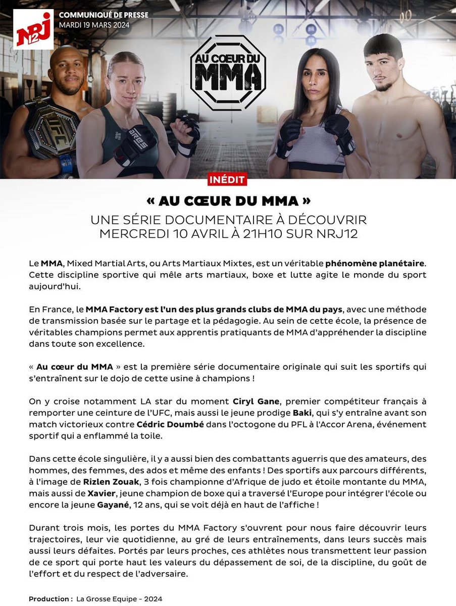 🔥#Inédit 
🥊"Au cœur du MMA"
📽️Une série documentaire à découvrir 
📆Dès le mercredi 10 avril à 21.10 sur #Nrj12

#AuCoeurDuMMA #MMA #CyrilGane #Baki #RizlenZouak #MMAfactory <a href="/mmafactory_fr/">MMA FACTORY PARIS</a> #TV #Sport