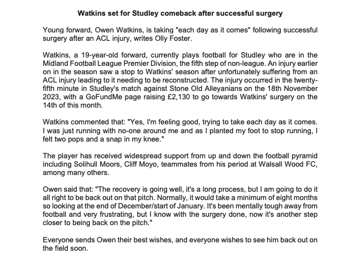 OllyFJourno's tweet photo. Watkins set for Studley comeback after successful surgery.
Here is my article regarding @owen_watkins9 and his build-up to returning hopefully to-lay with @StudleyFc.
#studley #studleyfc #midlands https://t.co/xudf0Rx4hQ