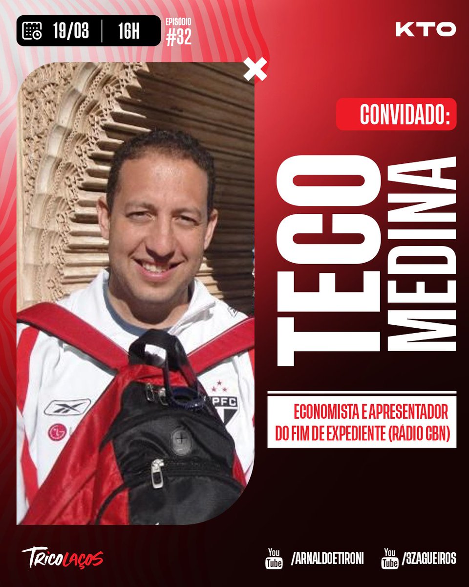 Toda Terça, vocês já sabem, tem o T de Tricolaços!

E nessa terça, além do T de Tricolaços, temos o T de Teco Medina, economista, apresentador do ‘Fim de Expediente’ na rádio CBN e São Paulino fanático. Não vai perder né? É nessa Terça, as 16h, nos canais 3z e Arnaldo e Tironi.