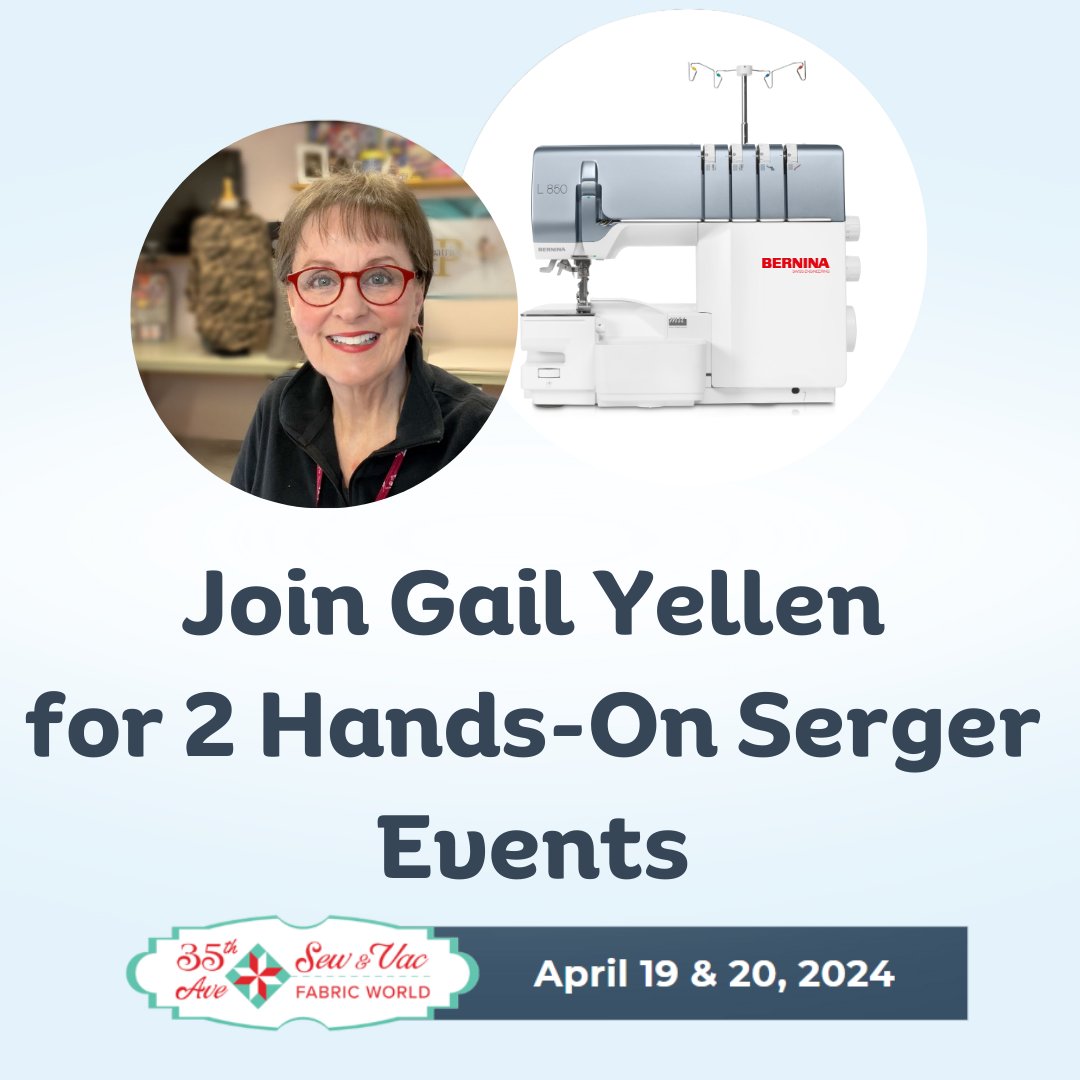 35thAvenueSew's tweet image. Join designer &amp;amp; instructor Gail Yellen for either of two hands-on events, Serger Foot Magic &amp;amp; Embellished Serger Tote.  Attend both &amp;amp; receive a specialty thread pack valued at $50!

Sign-up: tinyurl.com/e39hme4h

#sergers #sergerclass #sergerevent #gailyellen #gailyellenserger