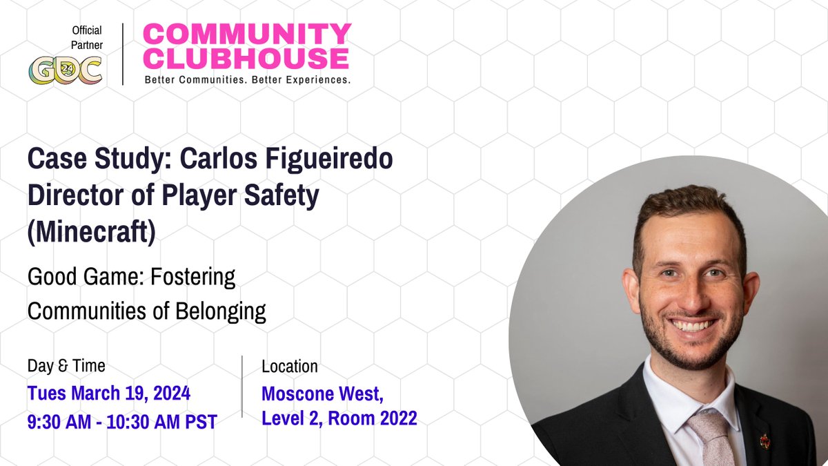 The curtain is about to rise on our Opening Case Study at the Community Clubhouse: ' Fostering Communities of Belonging in Minecraft ' with Carlos Figueiredo, Director of Player Safety at @Minecraft  🎮  

#CommunityClubhouse #gdc2024 #GDC