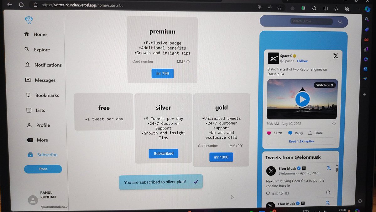 rox_getit's tweet image. Added functionalities to Twitter clone

1.handles login attempts (crypto.js)
2.added subscription component (Handles various test cases as per subscription plan)
3.introduced card component using stripe
#100daysofcodechallenge
#webdevelopment 
All developers let&apos;s connect