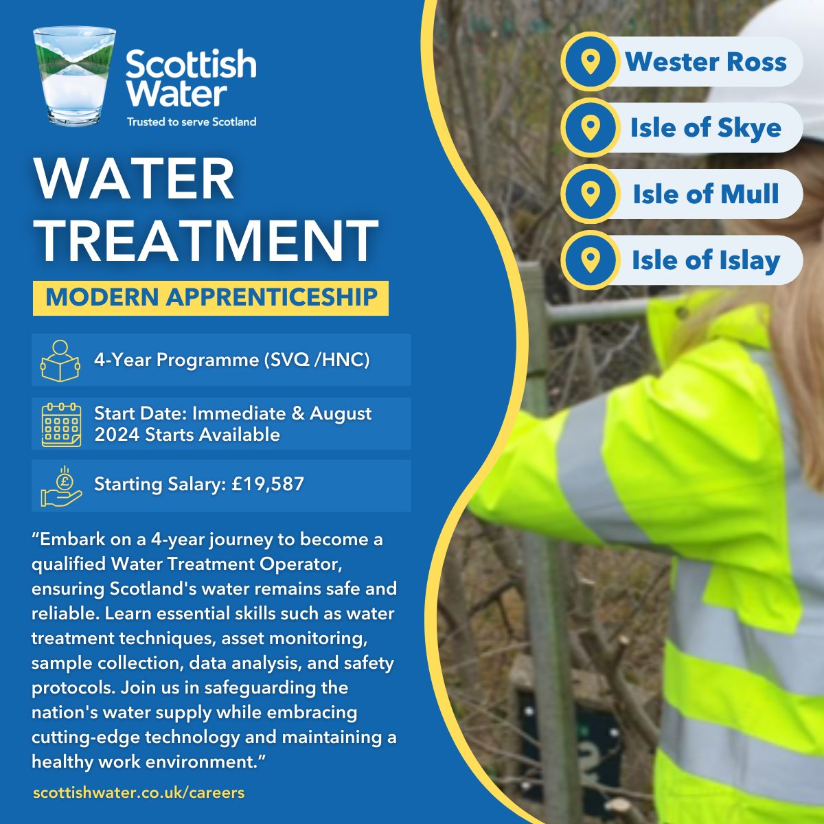 Become a fully qualified Water Treatment Operator through our 4-year programme in #WesterRoss #IsleofSkye #IsleofMull or #IsleofIslay. Apply now: scottishwater.wd3.myworkdayjobs.com/External_Caree… #StartYourCareerWithASplash