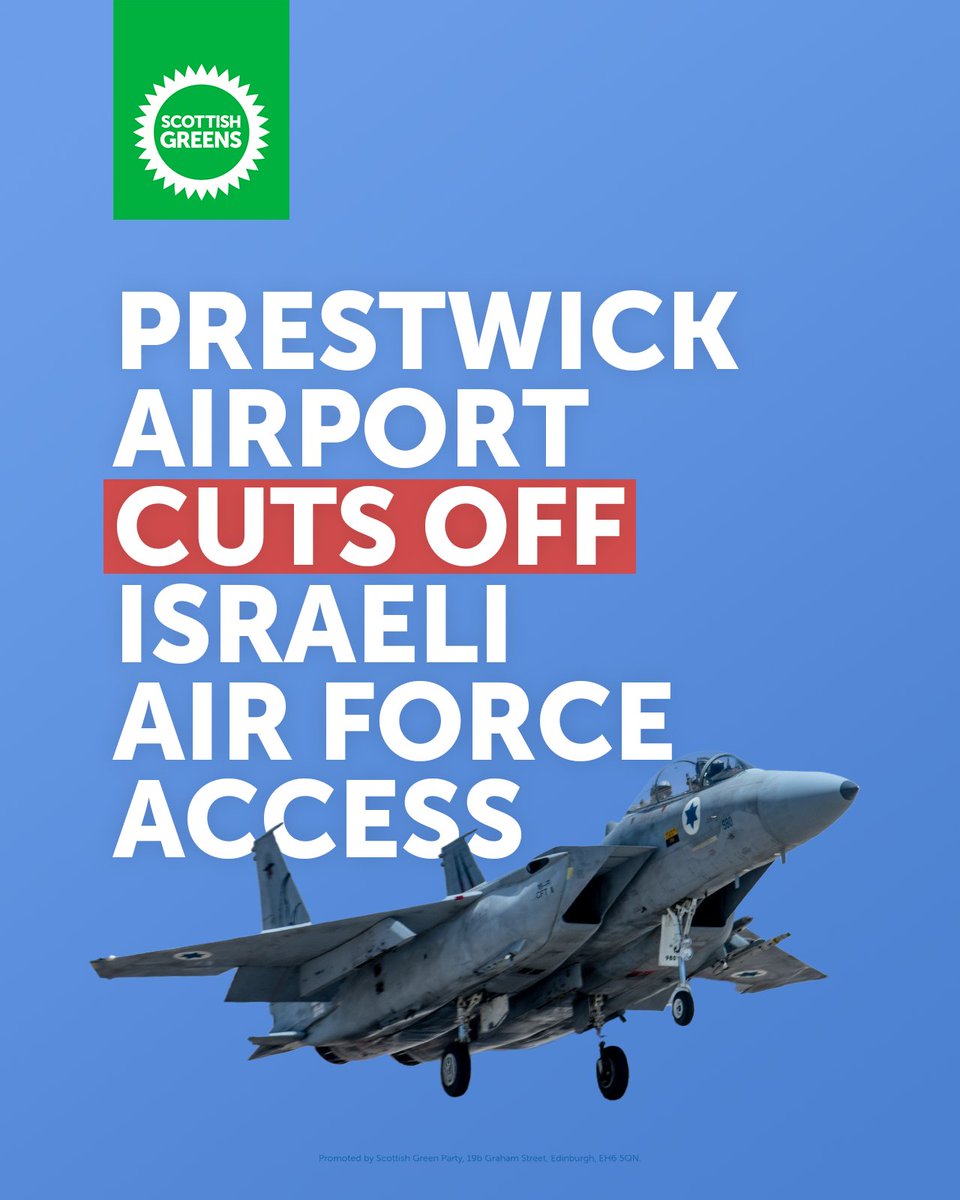 Publicly owned Prestwick Airport will no longer do business with the Israeli Air Force following pressure from the Scottish Greens and campaigners. The UK must not be complicit in the crime of genocide currently being inflicted on the people of Gaza by Israel.