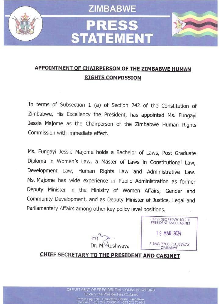 APPOINTMENT OF CHAIRPERSON OF THE ZIMBABWE HUMAN RIGHTS COMMISSION In terms of Subsection 1 (a) of Section 242 of the Constitution of Zimbabwe, His Excellency the President, has appointed Ms. Fungayi Jessie Majome as the Chairperson of the Zimbabwe Human Rights Commission with…