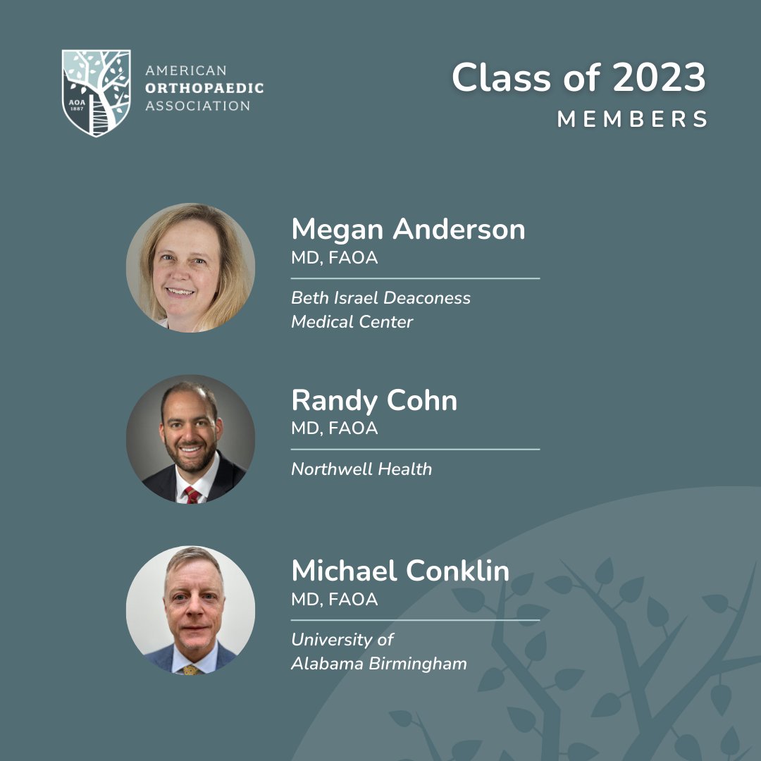 The AOA would like to congratulate Megan Anderson, Randy Cohn & Michael Conklin on becoming members of the AOA Class of 2023. These new members have a demonstrated commitment to leadership in the various areas of orthopaedic practice. We are excited to be a part of their future.
