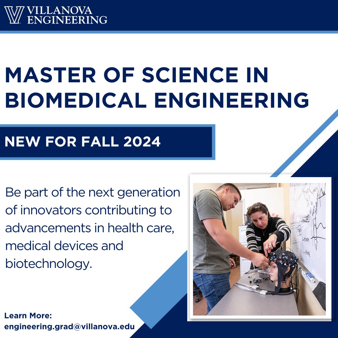 Villanova's College of Engineering is excited to introduce our new Master of Science in Biomedical Engineering degree. The interdisciplinary program aims to equip students with the skills to tackle complex engineering challenges in real-world scenarios. tinyurl.com/ms6fzj9v