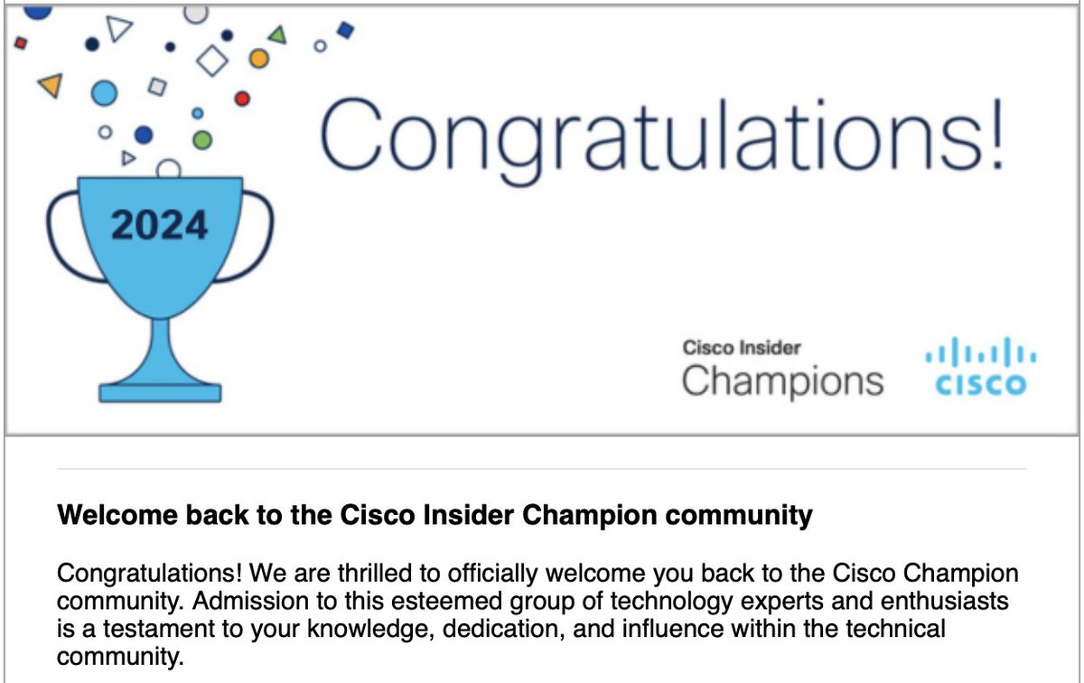 Thank you @CiscoChampion  🥳
It's an honor and pleasure be part of this community.