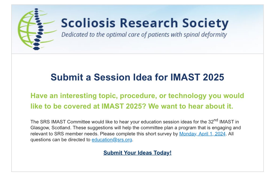 #IMAST2024 is next month in San Diego and we plan to celebrate #innovation in #spine Are you doing something special? Submit a session idea for IMAST 2025 in Glasgow for the program and you might have the opportunity to present it! ⁦@SRS_org⁩