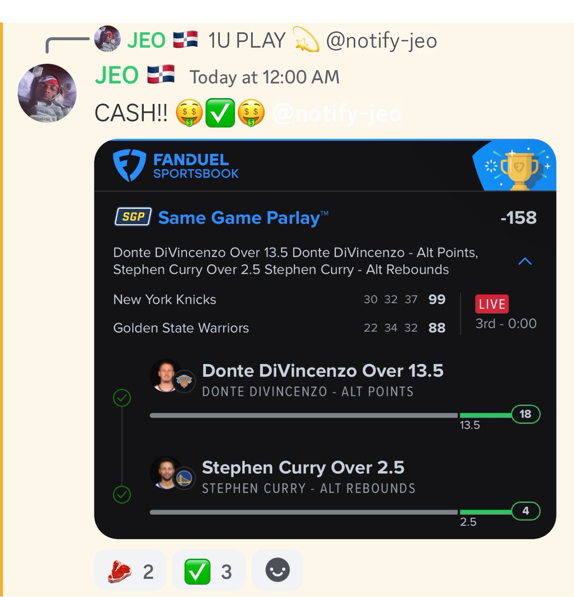 PureMotionPicks's tweet photo. Cash before the game is even over. JEO went crazy last night with a full sweep! Join the cord now!! 🔥
https://t.co/7DMxqLouEN #puremotion #puremotionpicks #freeplays #freepicks #sportsbetting #gamblingX #nba #nfl #fanduel #betmgm #prizepicks #bet365 #draftkings #sportsgambling https://t.co/IAcT0mXTuG