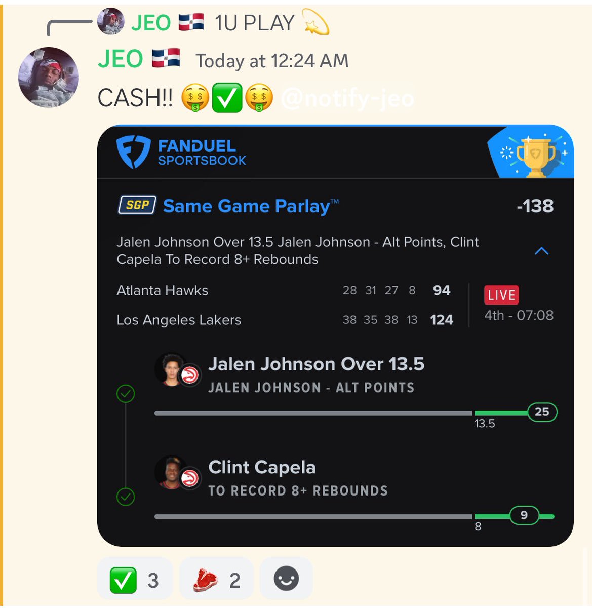 PureMotionPicks's tweet photo. Cash before the game is even over. JEO went crazy last night with a full sweep! Join the cord now!! 🔥
https://t.co/7DMxqLouEN #puremotion #puremotionpicks #freeplays #freepicks #sportsbetting #gamblingX #nba #nfl #fanduel #betmgm #prizepicks #bet365 #draftkings #sportsgambling https://t.co/IAcT0mXTuG
