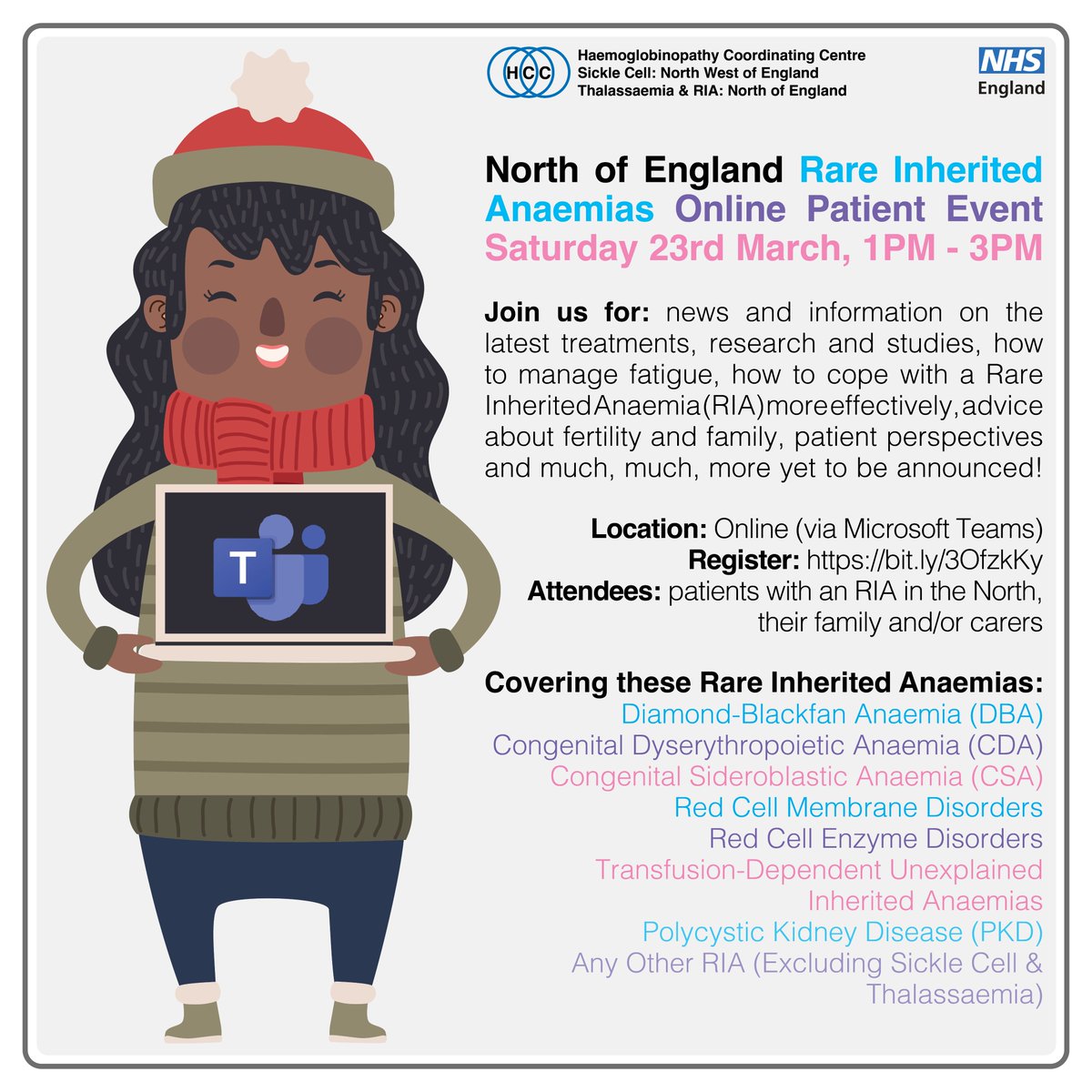There's still time to register for the Rare Inherited Anaemias Online Patient Event on 23/03/24, 1-3pm. All RIA patients welcome - spread the word!! Register at bit.ly/3OfzkKy. Expect representatives from <a href="/MFTnhs/">MFT NHS</a>, <a href="/DBA_UK/">DBAS UK</a>, <a href="/nandinikori16/">Nandini Sadasivam</a>, <a href="/RMCHosp/">RMCHosp</a> #RIA #HCC #NHS #Haem