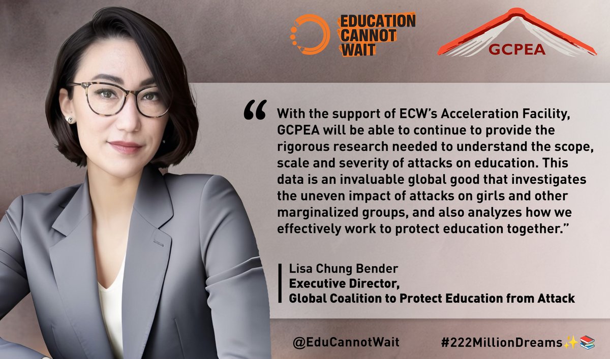 'Schools should be the safest spaces for children. W/the support of #ECW’s #AccelerationFacility, @GCPEAtweets will be able to continue to provide research needed to understand scope, scale+severity of attacks on #education.' ~Lisa C. Bender, #GCPEA ExDir educationcannotwait.org/news-stories/p…