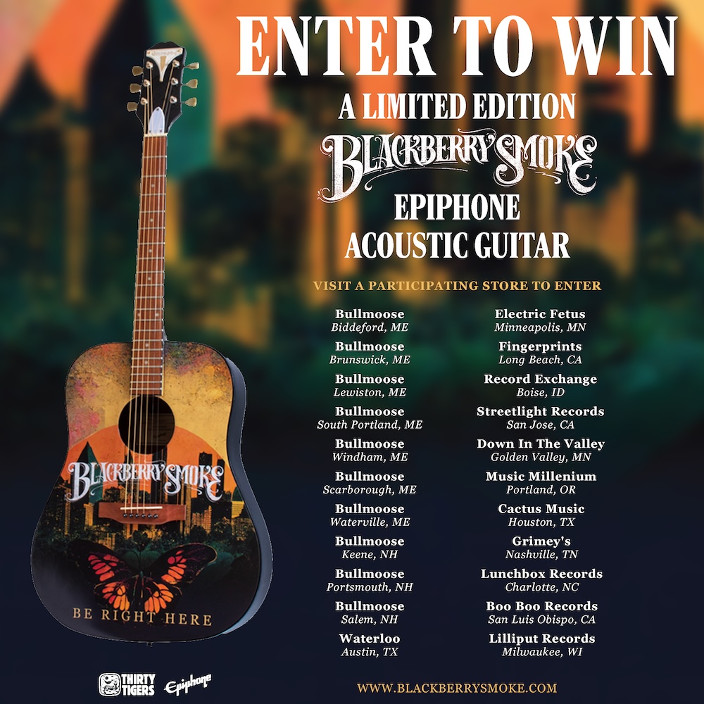Enter to win a Blackberry Smoke @Epiphone acoustic guitar! @gibsonguitar, @ThirtyTigers, & BBS are partnering with some amazing indie retailers around the US. We invite you to visit one of the participating stores to enter, now through 3/29: recordstoreday.com/Stores