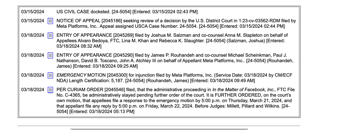 Late Monday, the D.C. Circuit stayed @FTC in-house proceeding against @Meta & directed FTC to respond to Meta request for emergency stay by Thursday @Meta to answer by Friday. Order effectively maintains status quo given that USDJ Moss had already issued a stay until Friday.