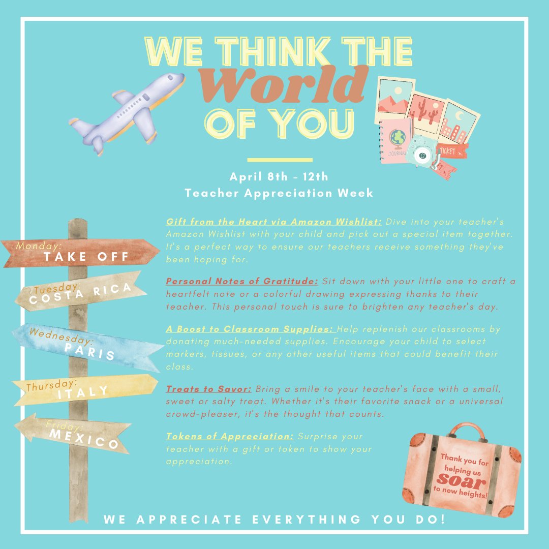 🌍✈️ Save the Date! April 8-12 is Teacher Appreciation Week 🍎✨ This year, we're taking off on a journey of gratitude with the theme 'We Think the World of You!' 🌟 Join us in celebrating the incredible impact our teachers have on our children's lives. 📚🧭 #theminettconnection