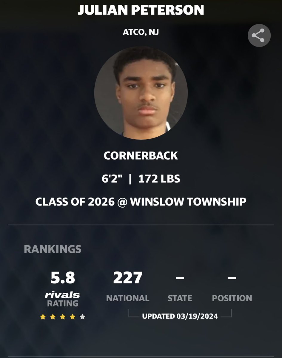 Julian Peterson (@julian_athlete) on Twitter photo Blessed to be a 4⭐️ and ranked in the #Rivals250 ‼️
<a href="/adamgorney/">Adam Gorney</a> @RivalsFriedman <a href="/chillbelton/">Bill Belton</a> Blessed to be a 4⭐️ and ranked in the #Rivals250 ‼️
<a href="/adamgorney/">Adam Gorney</a> @RivalsFriedman <a href="/chillbelton/">Bill Belton</a>
